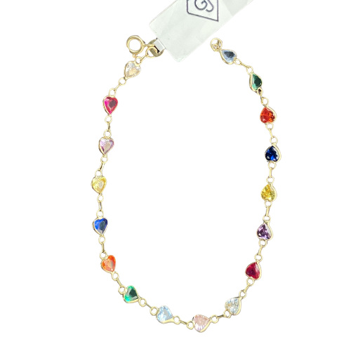 Pulseira de coração com pedrinhas coloridas Ouro 18k - Modelo 0007